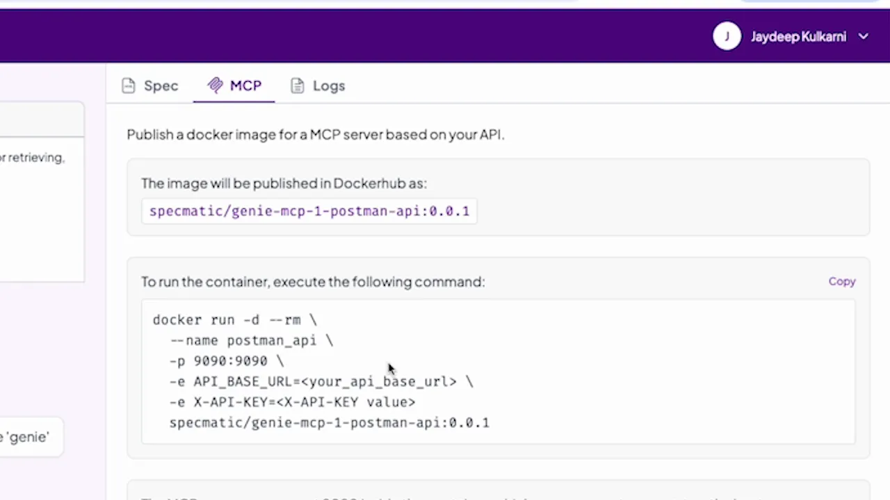 MCP tab showing Docker image name and run instructions