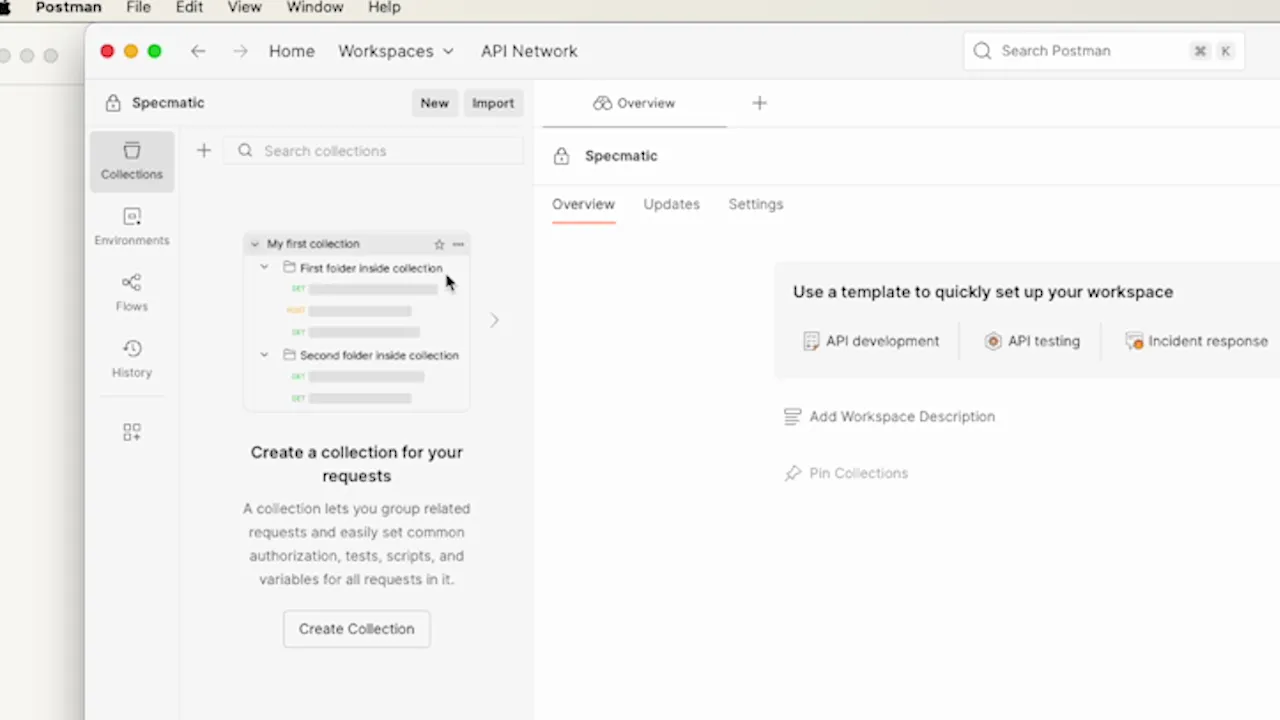 Postman showing newly created workspace 'Specmatic' in UI