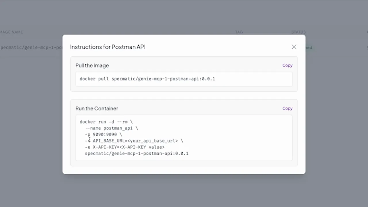 Terminal showing Docker image pulled and run command with env vars