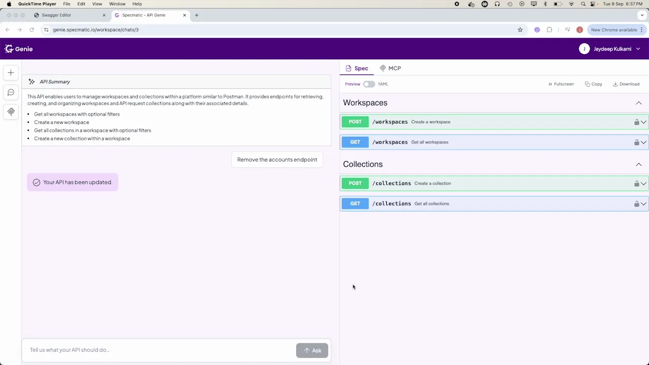 Genie UI after removing accounts endpoint from the spec