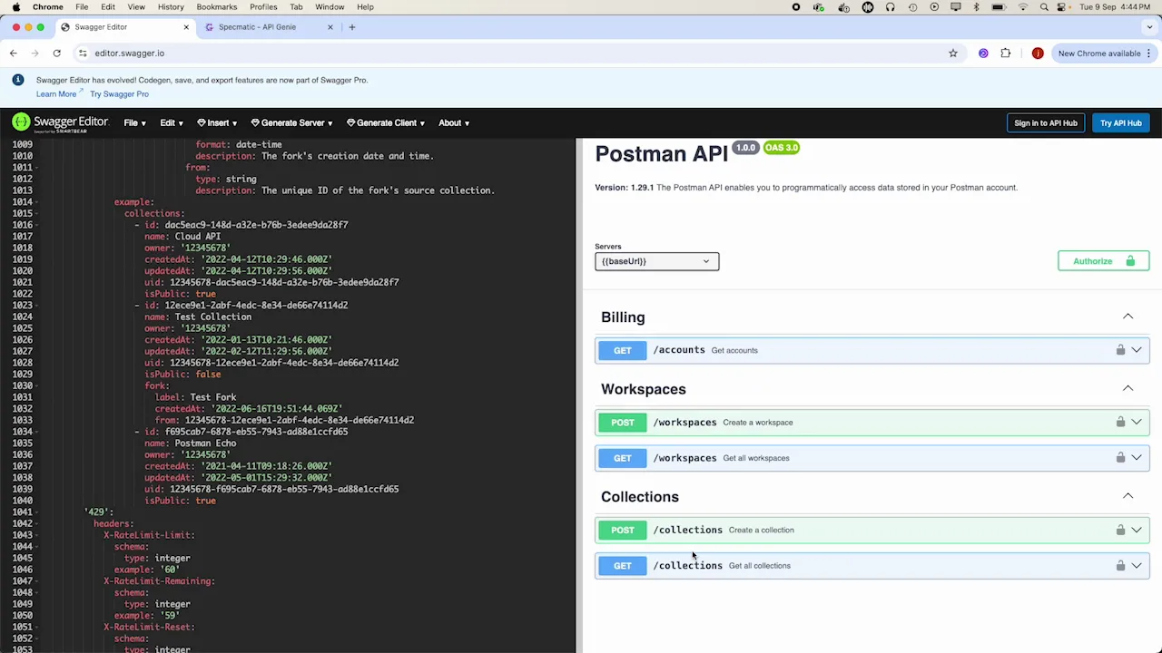 OpenAPI spec shows endpoints for workspaces and collections