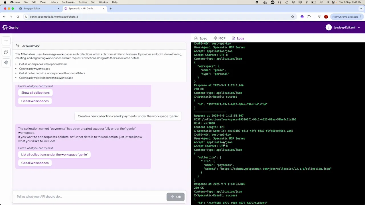 Log entry showing collection created under workspace Genie