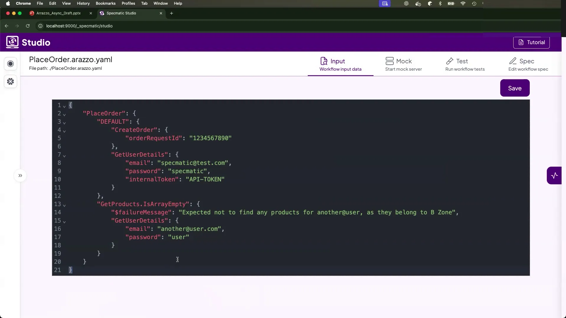 Pasting example JSON test data into the input pane