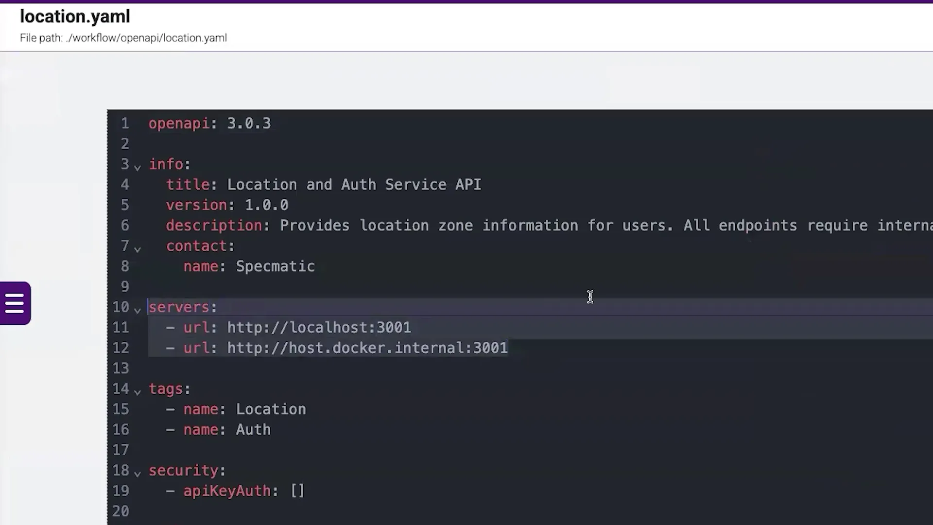 Viewing the server section in the Arazzo YAML showing the backend service URL