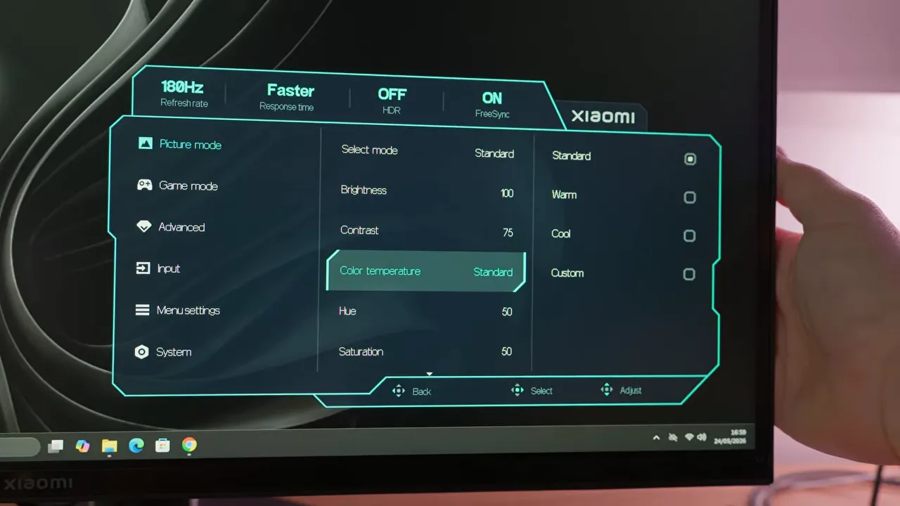 Menú OSD del Xiaomi Mini LED G Pro 27Qi 2026 mostrando 180 Hz y modo de respuesta Faster