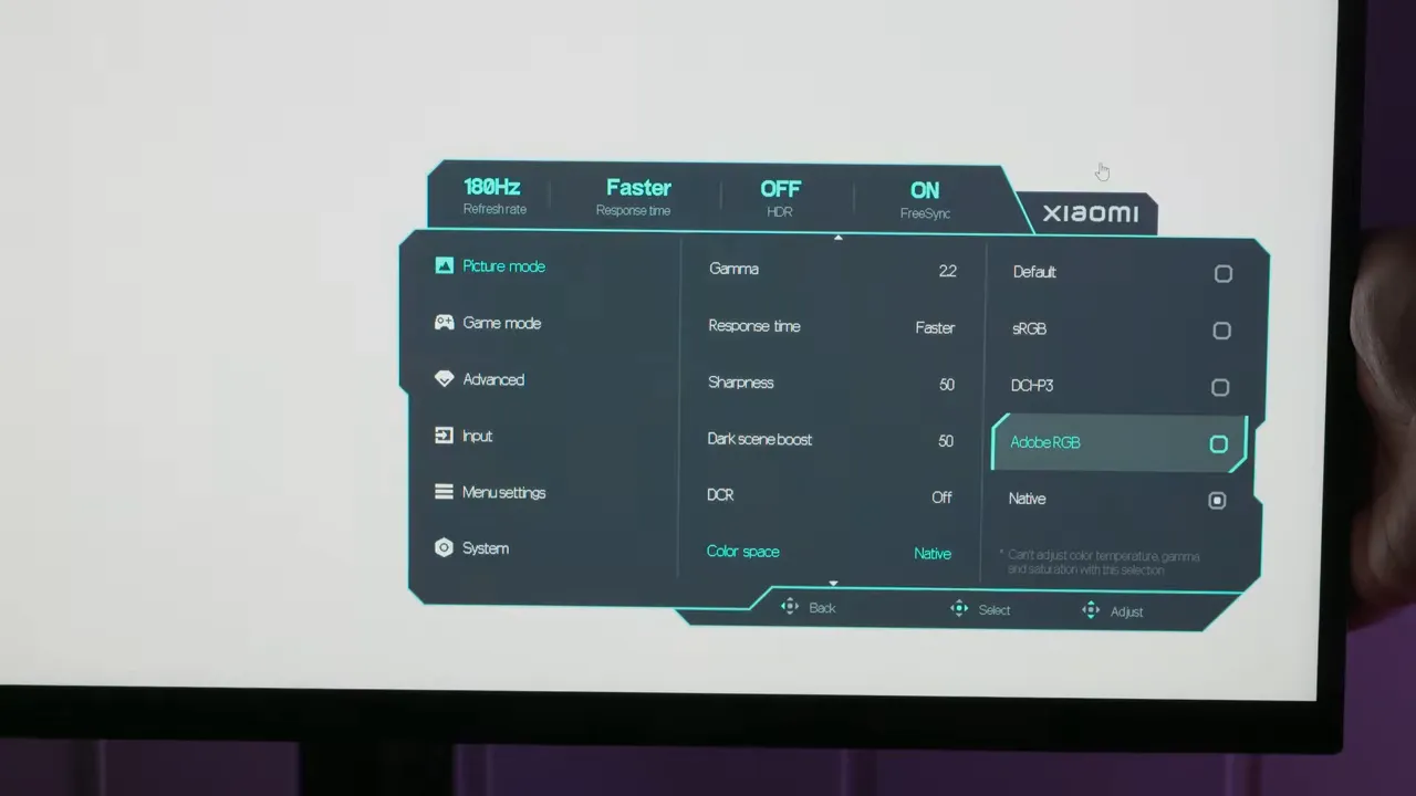 Menú OSD del Xiaomi Mini LED G Pro 27Qi 2026 con modo de respuesta Faster, HDR y opciones de color