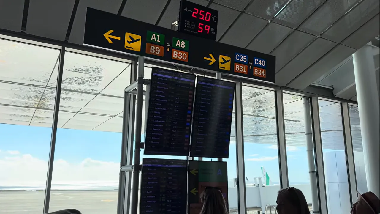I Almost Missed My Flight - Tenerife South Airport Delays and How to Avoid the Stress 3 Clear view of overhead gate zone signage and departure screens at Tenerife South Airport with runway in background