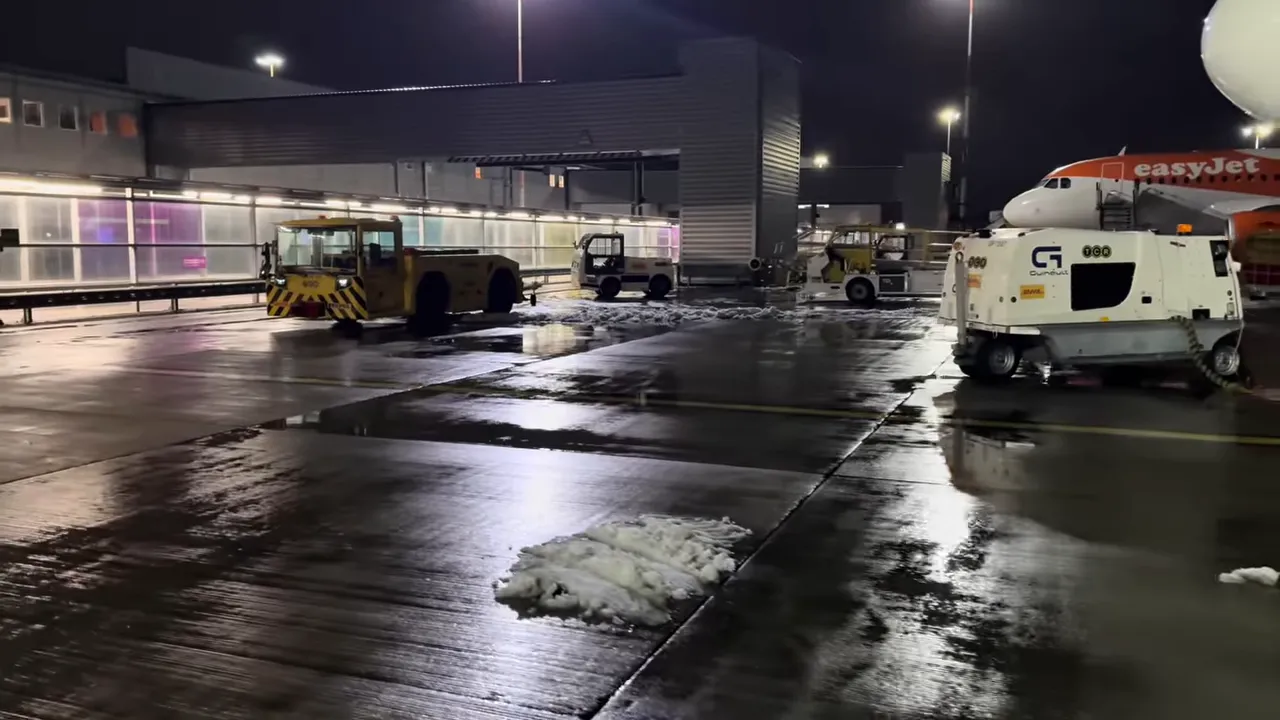 I Almost Missed My Flight - Tenerife South Airport Delays and How to Avoid the Stress 7 Tenerife South apron at night with ground vehicles, small snow piles and an EasyJet aircraft in the background