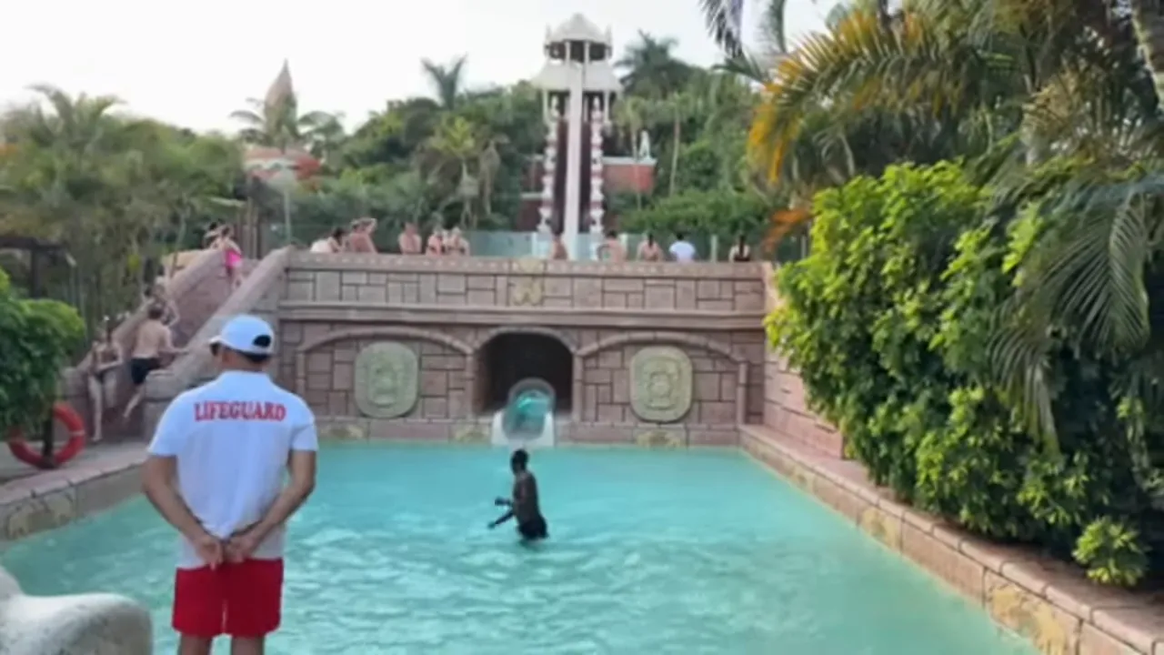 Piscine de la Tour de la Puissance avec toboggan visible derrière des plantes tropicales