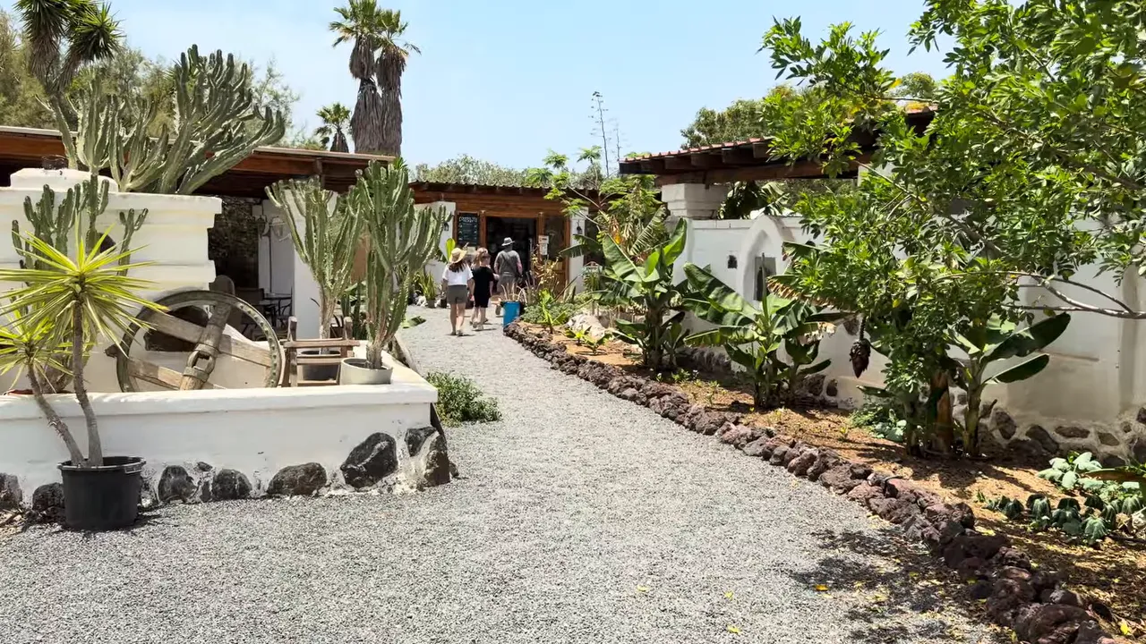 Pathway entrance with plants white walls and rustic buildings inside the park