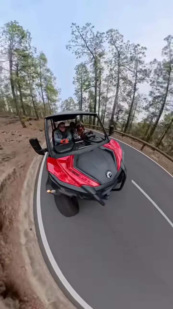 Czerwony buggy jadący krętą drogą przez las sosnowy