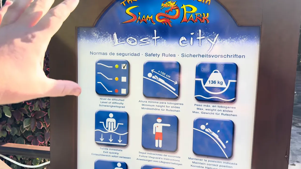 Siam Park Lost City safety rules signage with minimum height and weight limits
