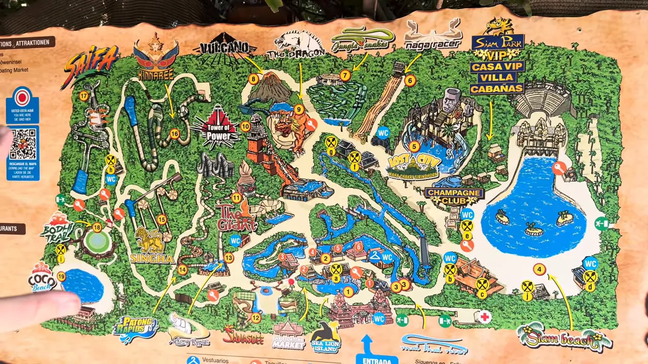 Siam Park map showing Wave Palace, Coco Beach and major slide areas