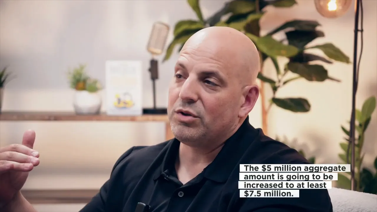 Podcast speaker in interview setting with on-screen caption about increasing $5 million to $7.5 million, mid-closeup, clear lighting and plants in background.