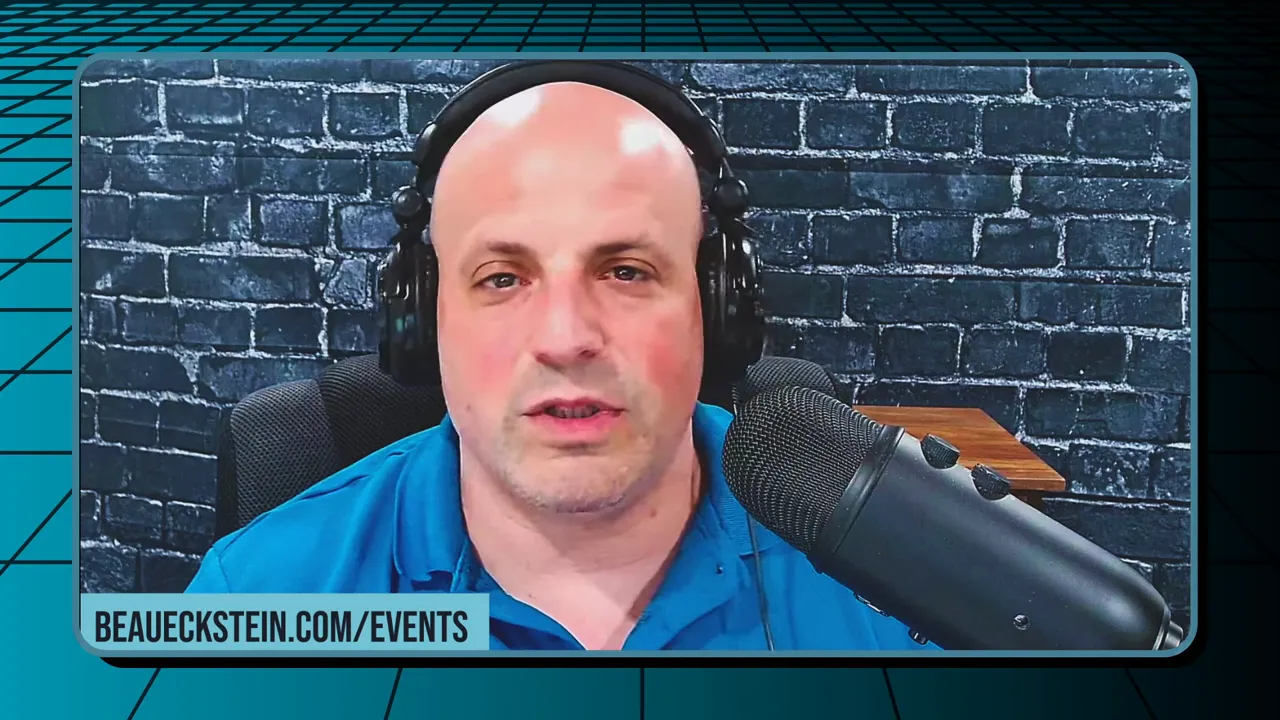 Podcast host in studio with microphone and visible on-screen events link 'beaueckstein.com/events' at the bottom.