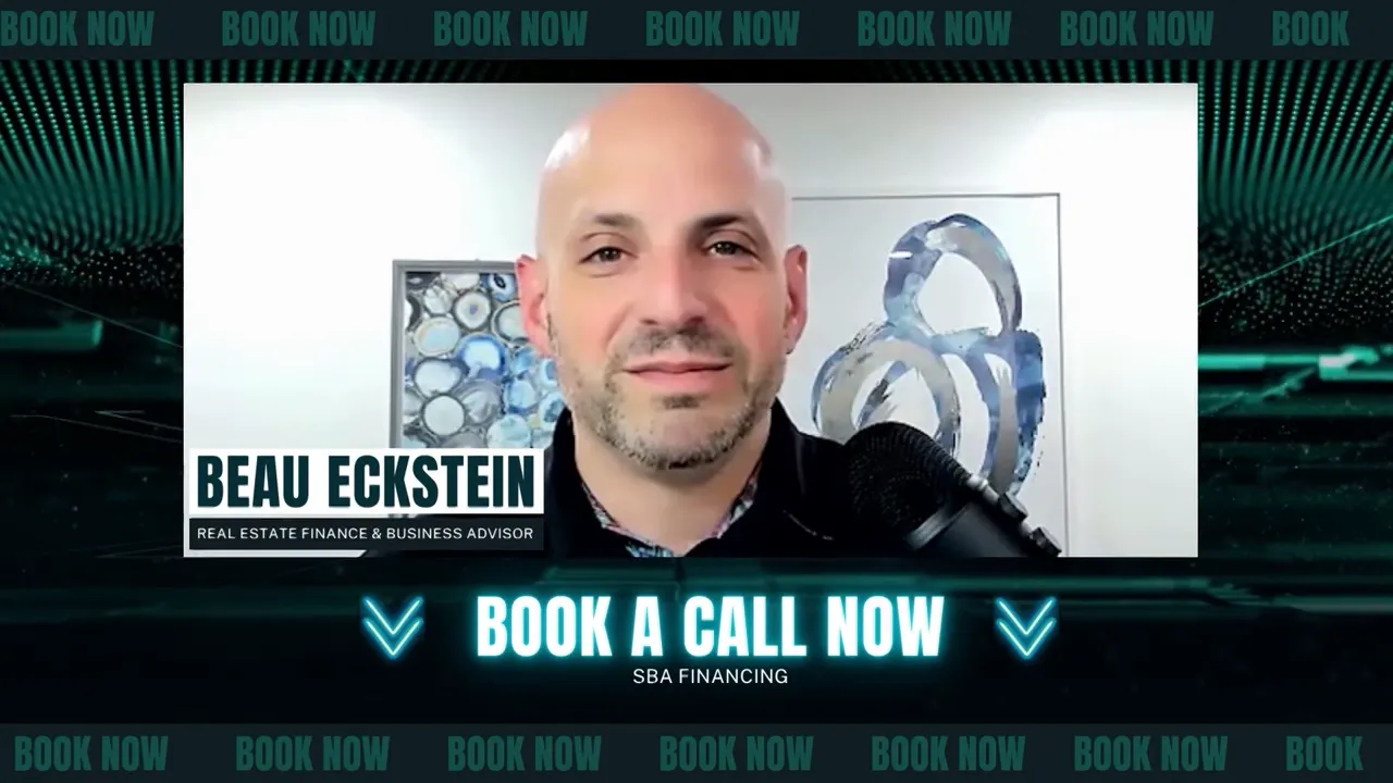 Podcast call-to-action overlay reading 'Book A Call Now' with a host speaking into a microphone and 'SBA Financing' subtitle