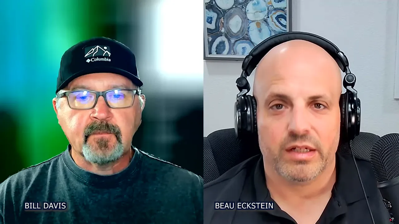 Split-screen podcast shot of Bill Davis and Beau Eckstein talking about franchise investment and passivity