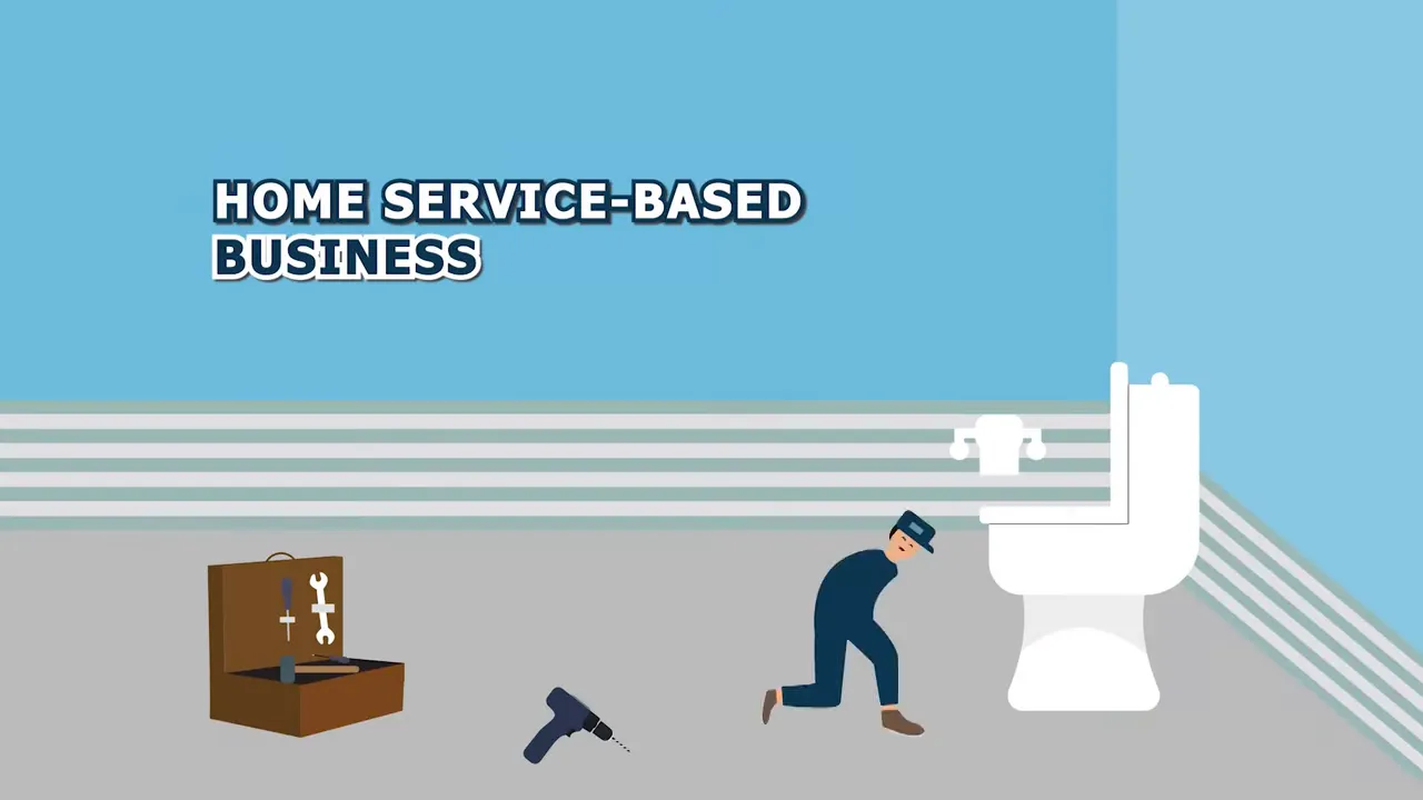 Illustration of a home service-based business showing a toolbox, drill, technician and toilet