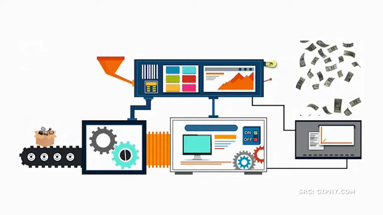 illustration of an automated process turning inputs into outputs with money symbols