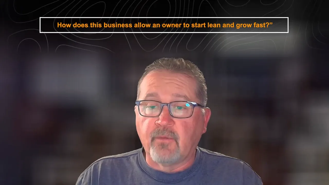 Presentation slide reading 'How does this business allow an owner to start lean and grow fast?' with speaker visible below