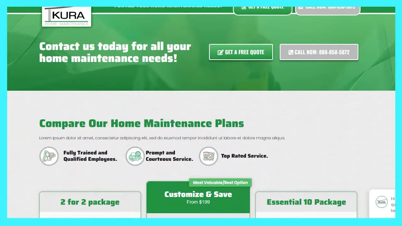 Website screenshot showing Kura home maintenance plans with call-to-action buttons and plan comparisons