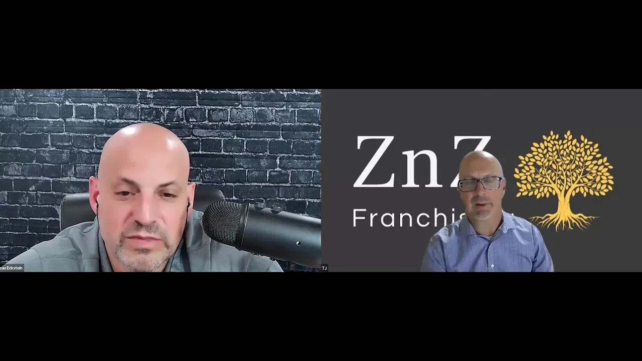 Two podcast hosts in split‑screen video call with ZnZ Franchising logo and brick backdrop