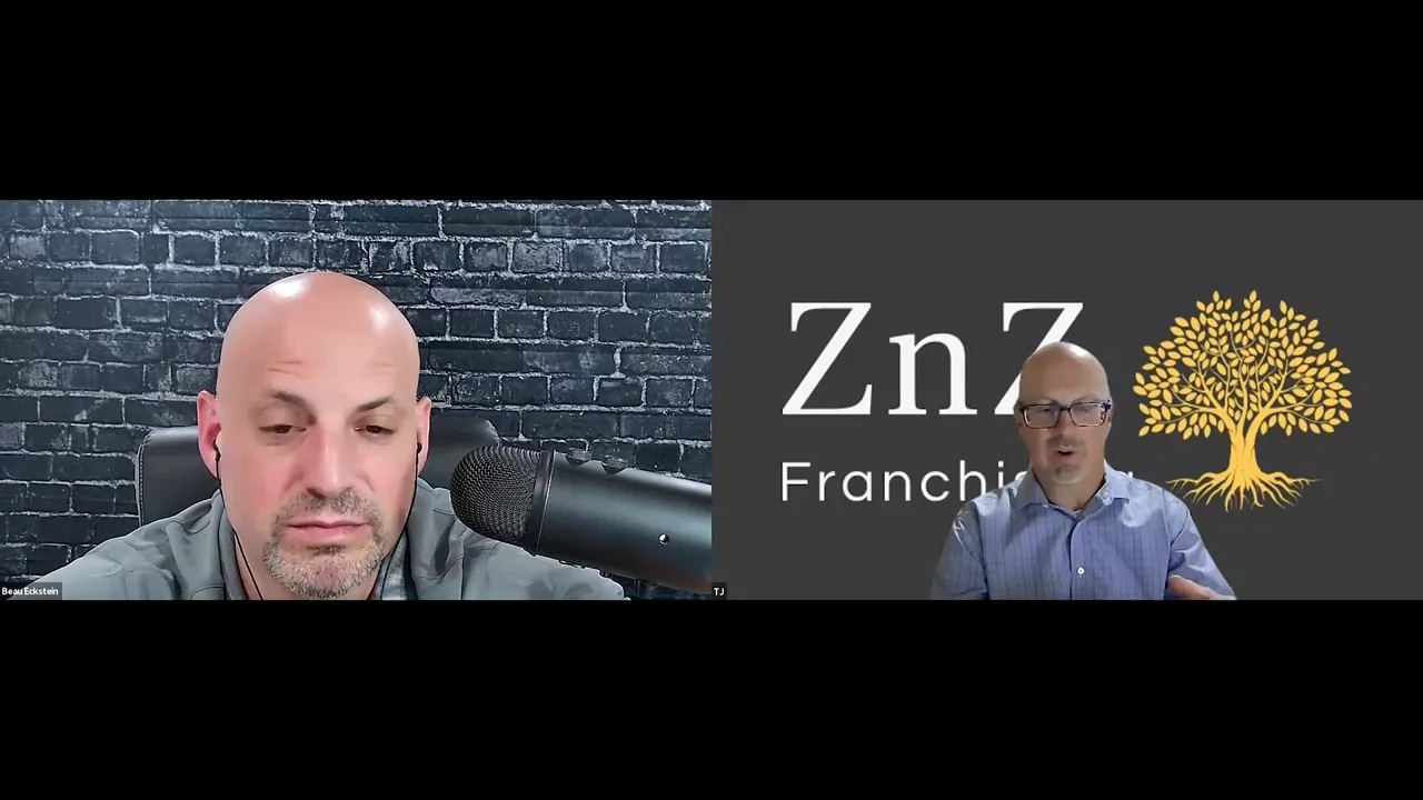 Split‑screen podcast interview showing the host at a microphone and the advisor speaking with a franchising logo behind them