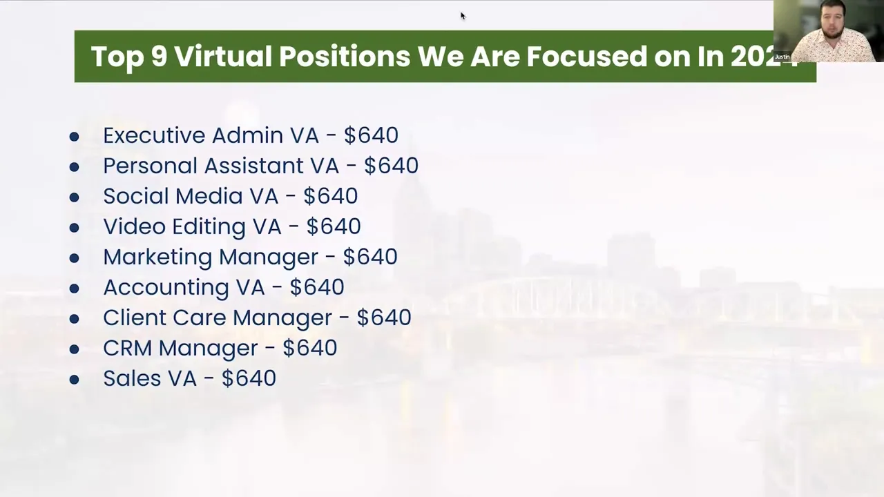 Slide titled 'Top 9 Virtual Positions' showing common virtual roles (executive admin, personal assistant, social media VA, video editor, marketing manager, accounting VA, client care manager, CRM manager, sales VA) with a $640 figure.