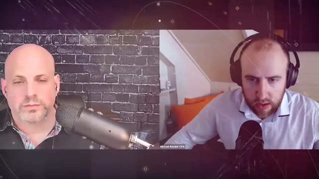 Two podcast hosts in a split-screen video call with microphones