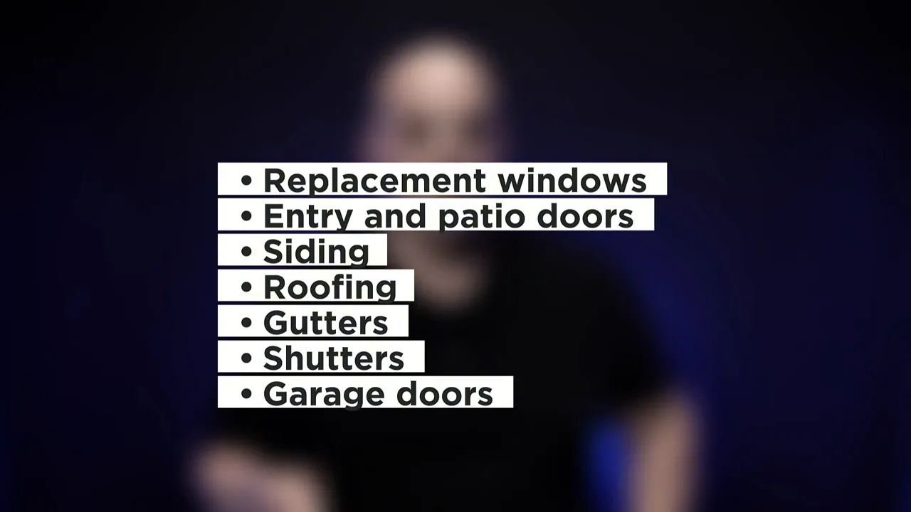 Blurred presenter with a clear white text list of exterior remodeling services: Replacement windows; Entry and patio doors; Siding; Roofing; Gutters; Shutters; Garage doors