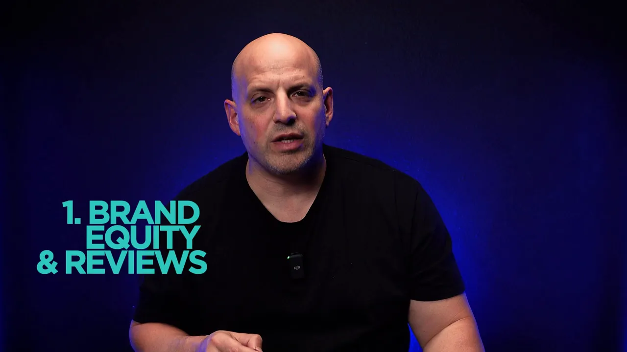 Presenter with bold on-screen text '1. BRAND EQUITY & REVIEWS' against a blue background