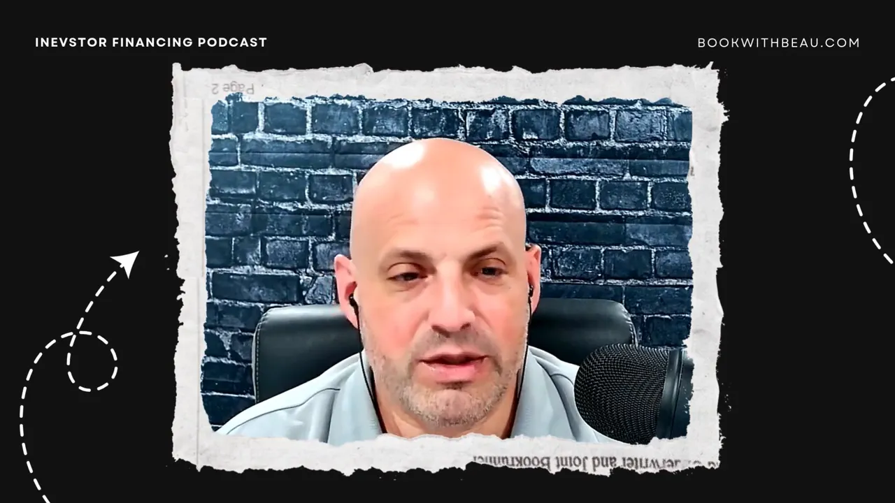 Framed podcast webcam shot showing host with brick wall backdrop and microphone; clear, centered composition