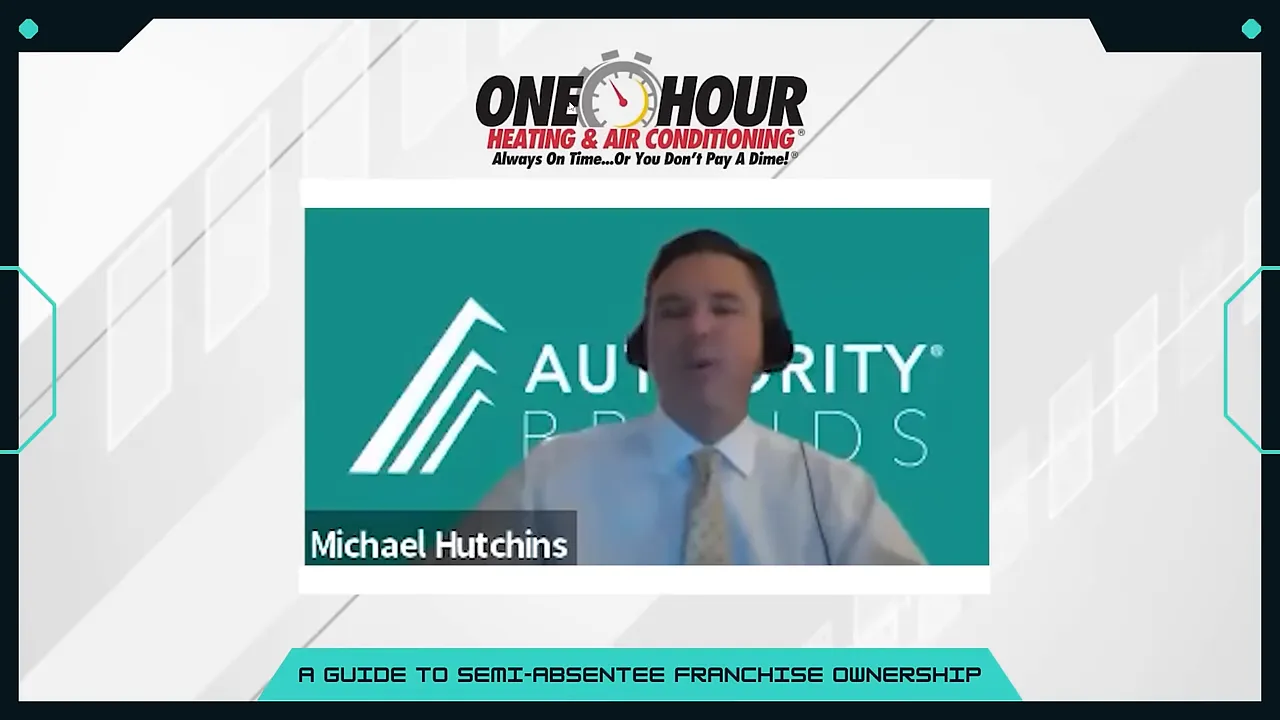 Readable presentation frame with One Hour Heating & Air Conditioning logo and an embedded speaker video box — useful visual for home‑services examples.