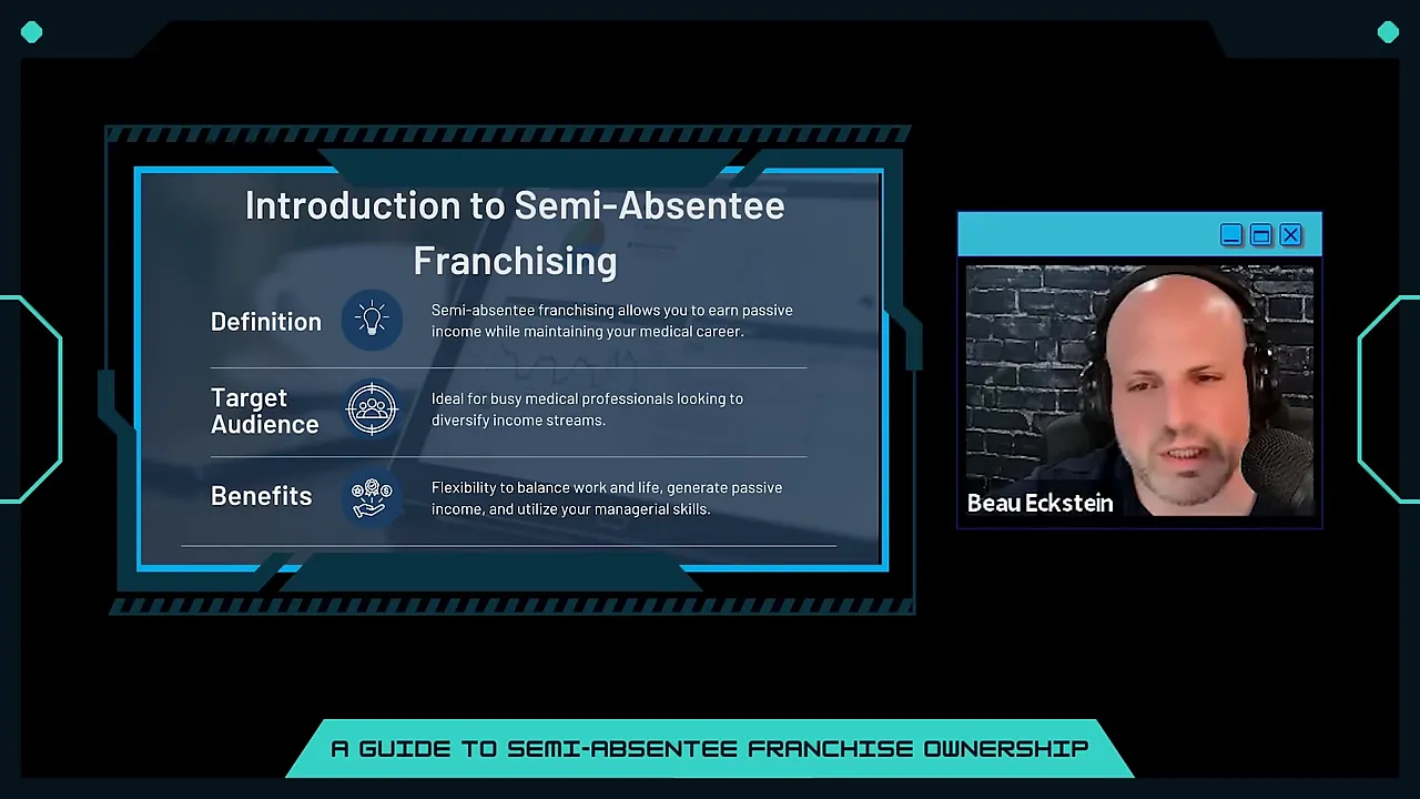 Slide titled 'Introduction to Semi-Absentee Franchising' showing definition, target audience, and benefits with presenter thumbnail.