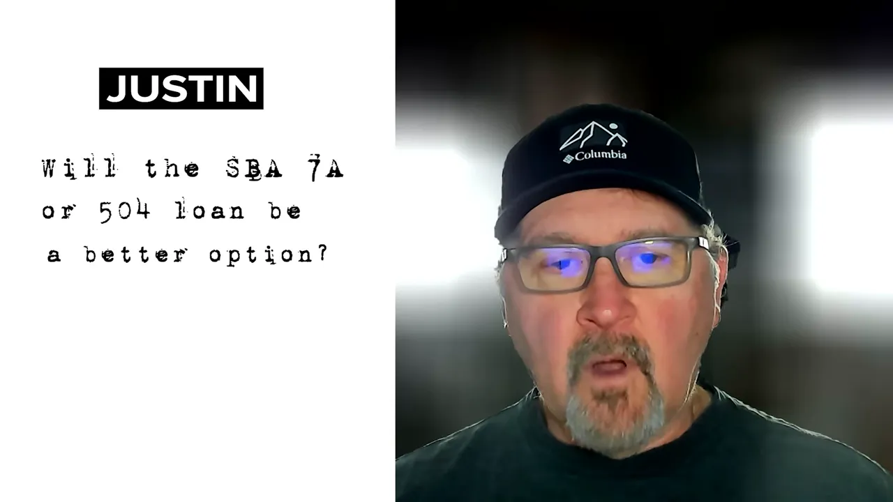 Slide reading 'Will the SBA 7A or 504 loan be a better option?' beside the presenter