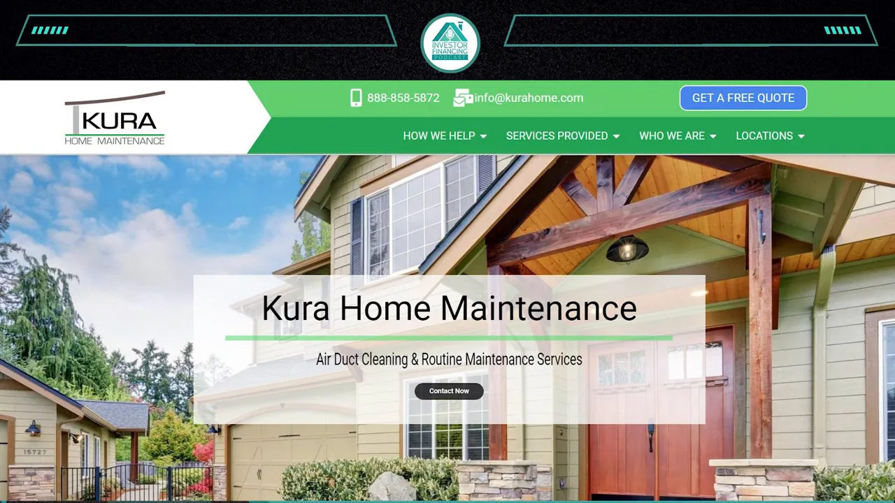 Kura Home Maintenance website homepage showing branding and service headline