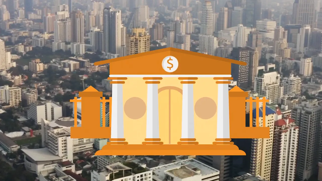 Illustration of a bank icon over a city skyline representing commercial lending and SBA financing.