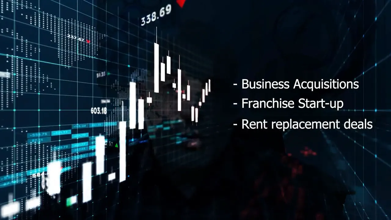 Dark financial dashboard with candlestick chart and text listing business acquisitions, franchise start-up, rent replacement deals