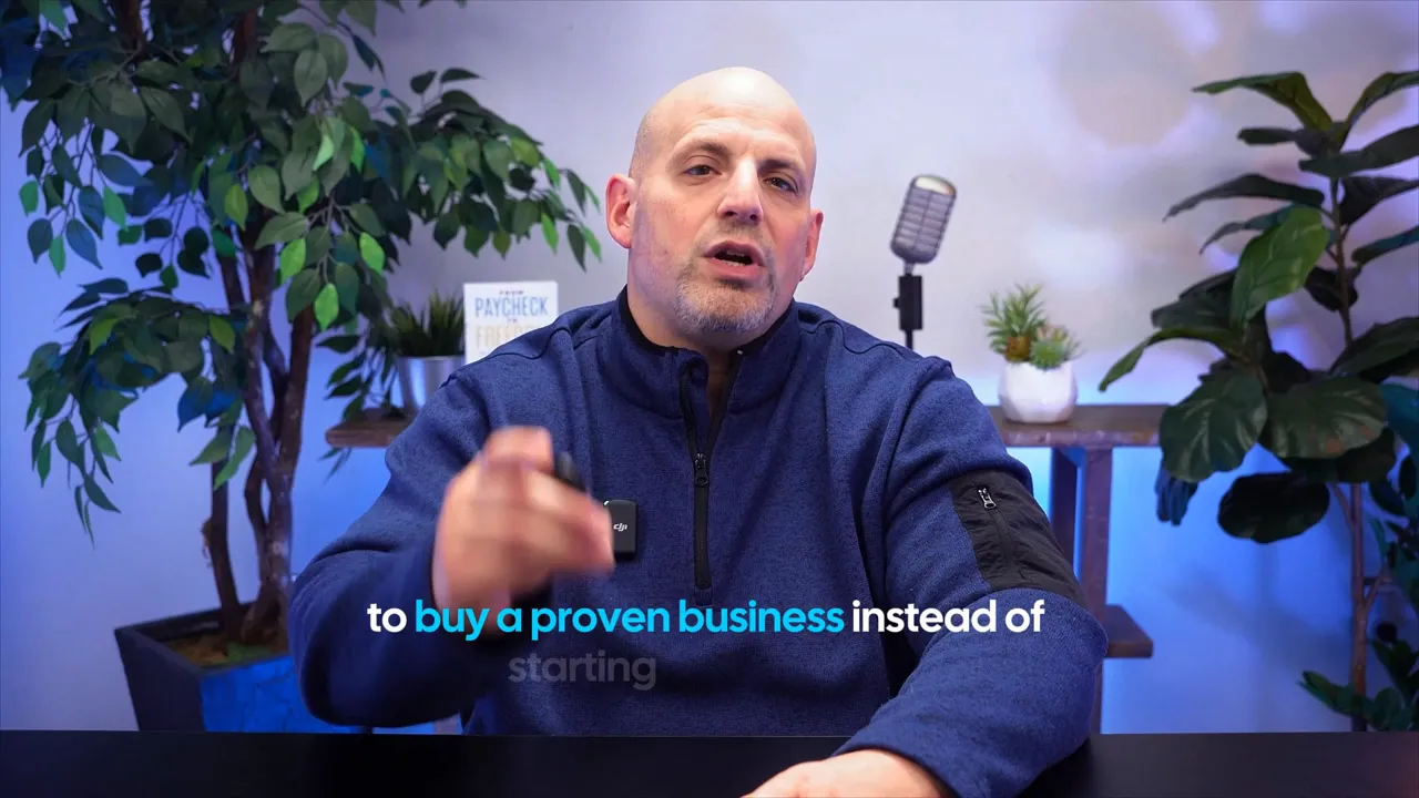 Clear studio shot of host with on-screen text 'to buy a proven business instead of' across the bottom