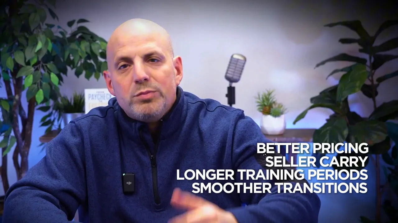 Wide studio shot of the host with a clear stacked text overlay listing 'BETTER PRICING / SELLER CARRY / LONGER TRAINING PERIODS / SMOOTHER TRANSITIONS' on the right.