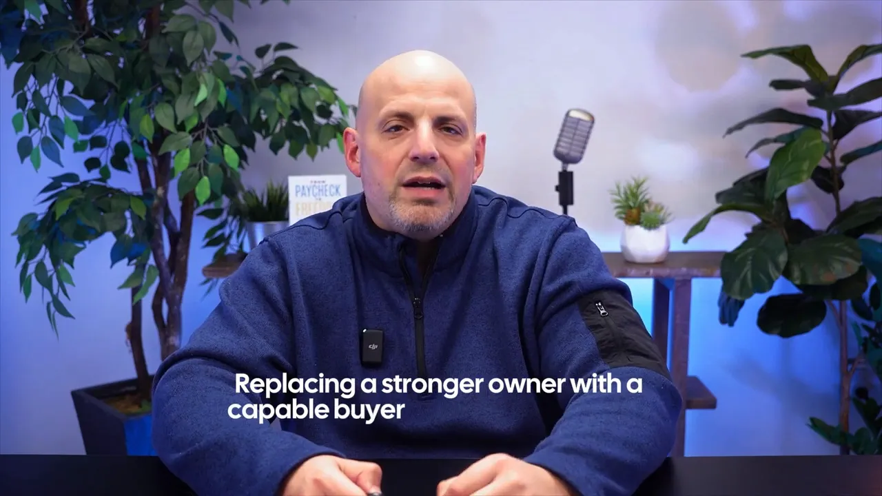 Host explaining that replacing a stronger owner with a capable buyer; on-screen text reads 'Replacing a stronger owner with a capable buyer'.