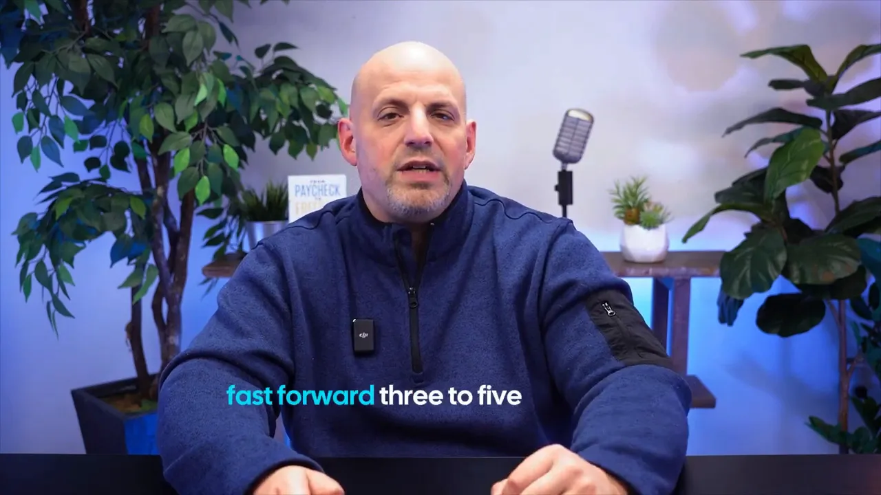podcast host centered at desk with plants and microphone behind him, subtitle overlay reading 'fast forward three to five'.
