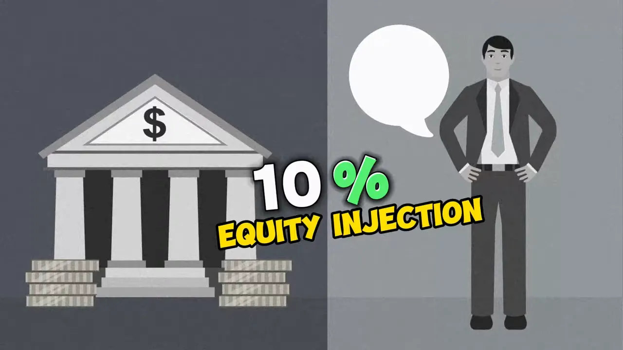 Illustration of a bank and businessman with text '10% equity injection'