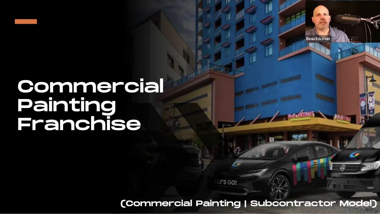 Slide that reads 'Commercial Painting Franchise' showing painted building facade and company vehicles, with a small presenter inset.