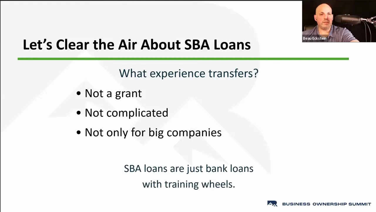 Clear presentation slide reading 'Let's Clear the Air About SBA Loans' with bullets 'Not a grant', 'Not complicated', 'Not only for big companies' and the footer text 'SBA loans are just bank loans with training wheels.'