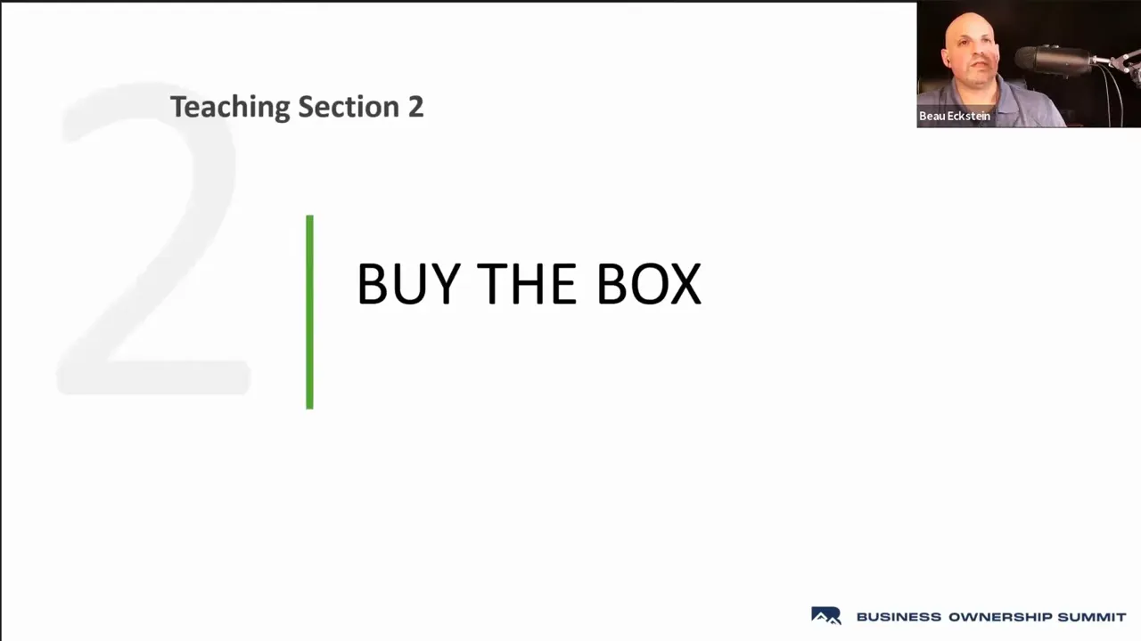 Clean slide titled 'Teaching Section 2' with large text 'BUY THE BOX' and presenter thumbnail in the corner.