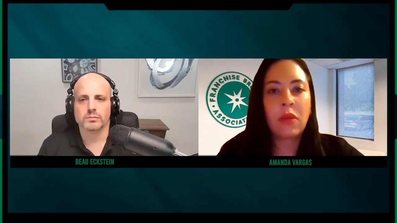 Well-lit split-screen podcast frame showing two speakers discussing evaluating square footage, visibility and parking.