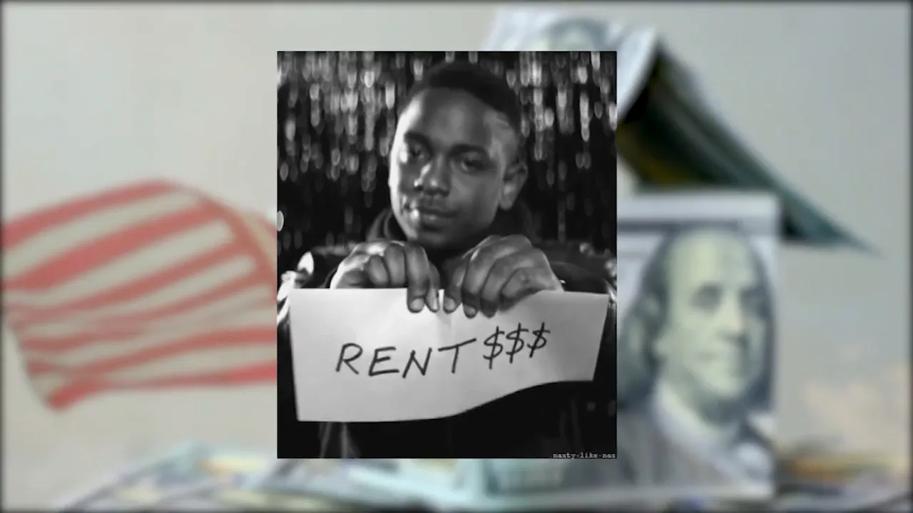 black-and-white image of person holding sign reading 'RENT$$$' with money background