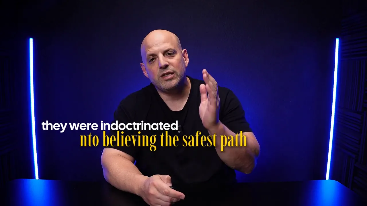 Host in a blue-lit studio with on-screen text 'they were indoctrinated into believing the safest path', gesturing as he speaks