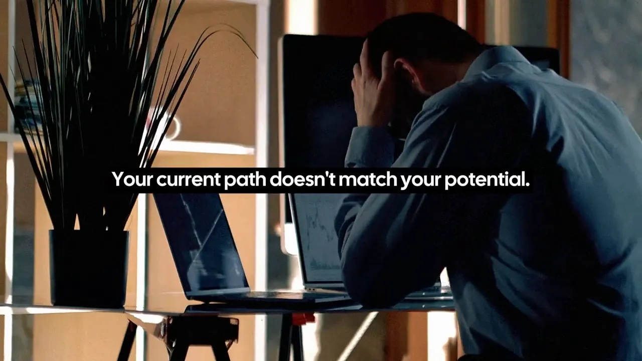Frustrated person at a laptop with overlay text 'Your current path doesn't match your potential.'